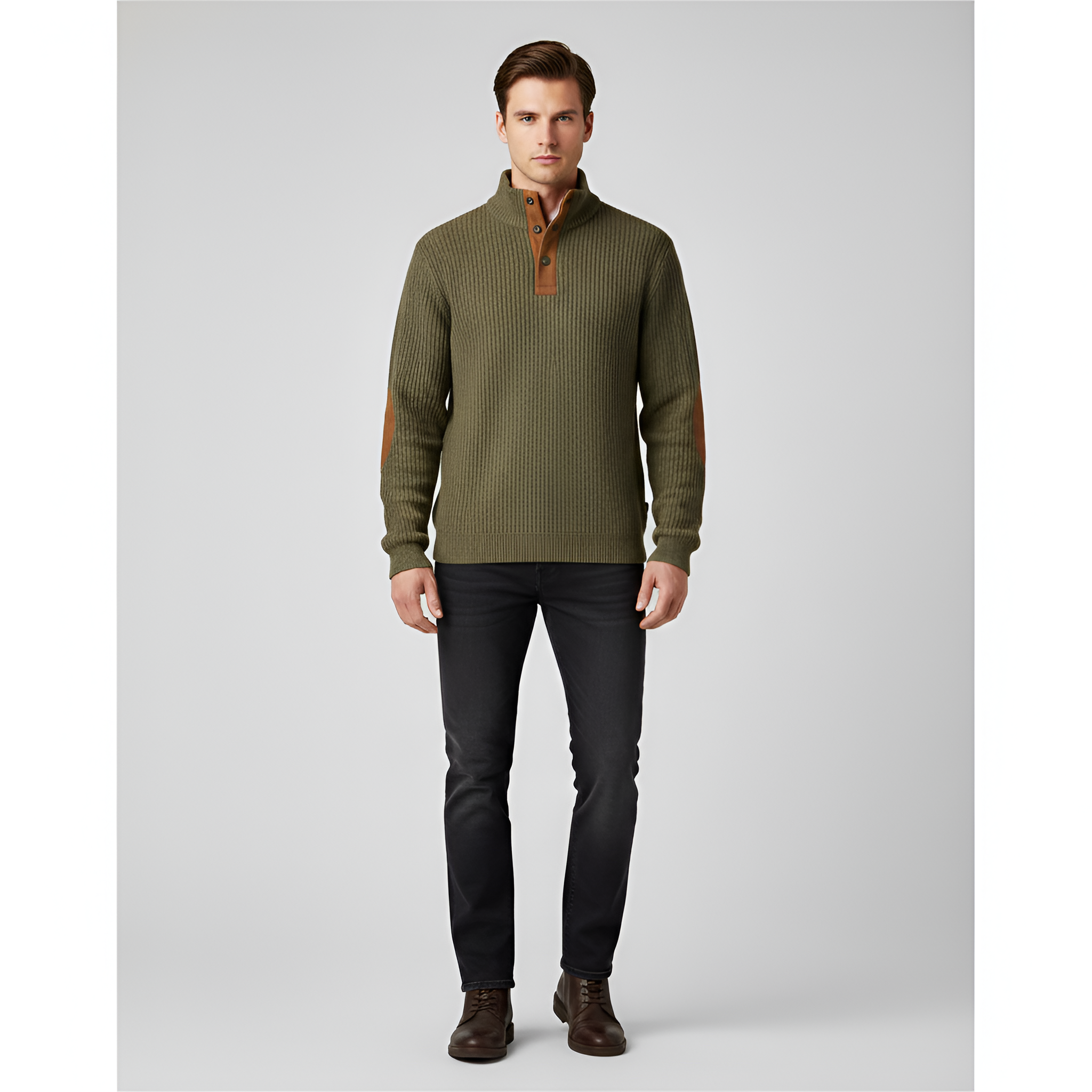 Valerios Fashion maglione dolcevita uomo a coste con toppe ai gomiti