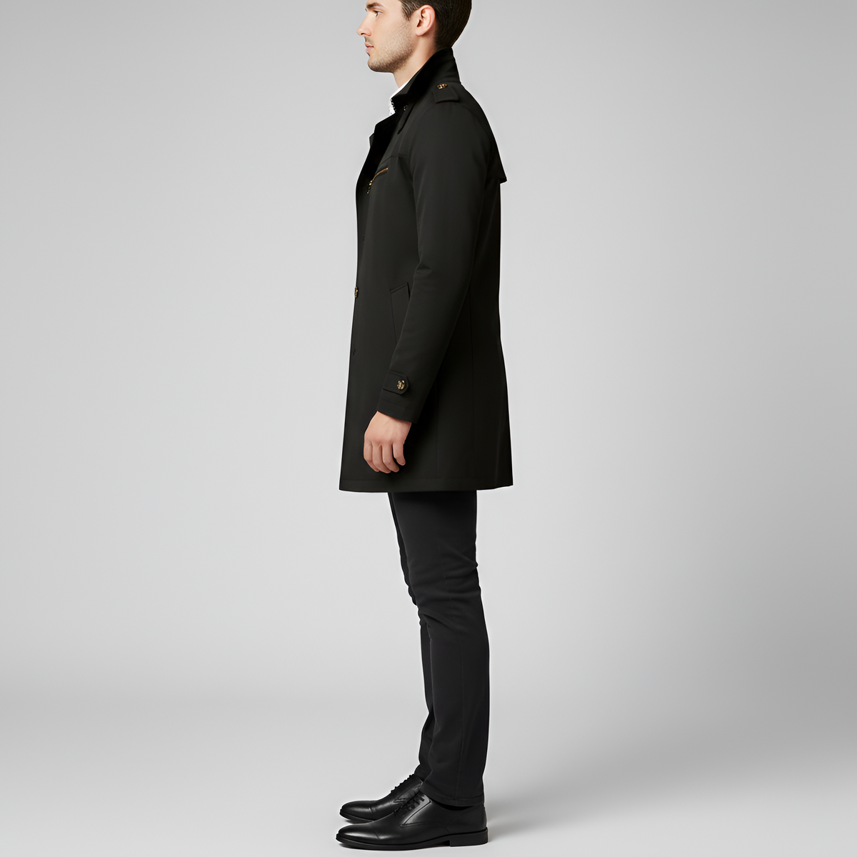 Trench coat masculino elegante Valerios Fashion com cinto e fechamento por botões