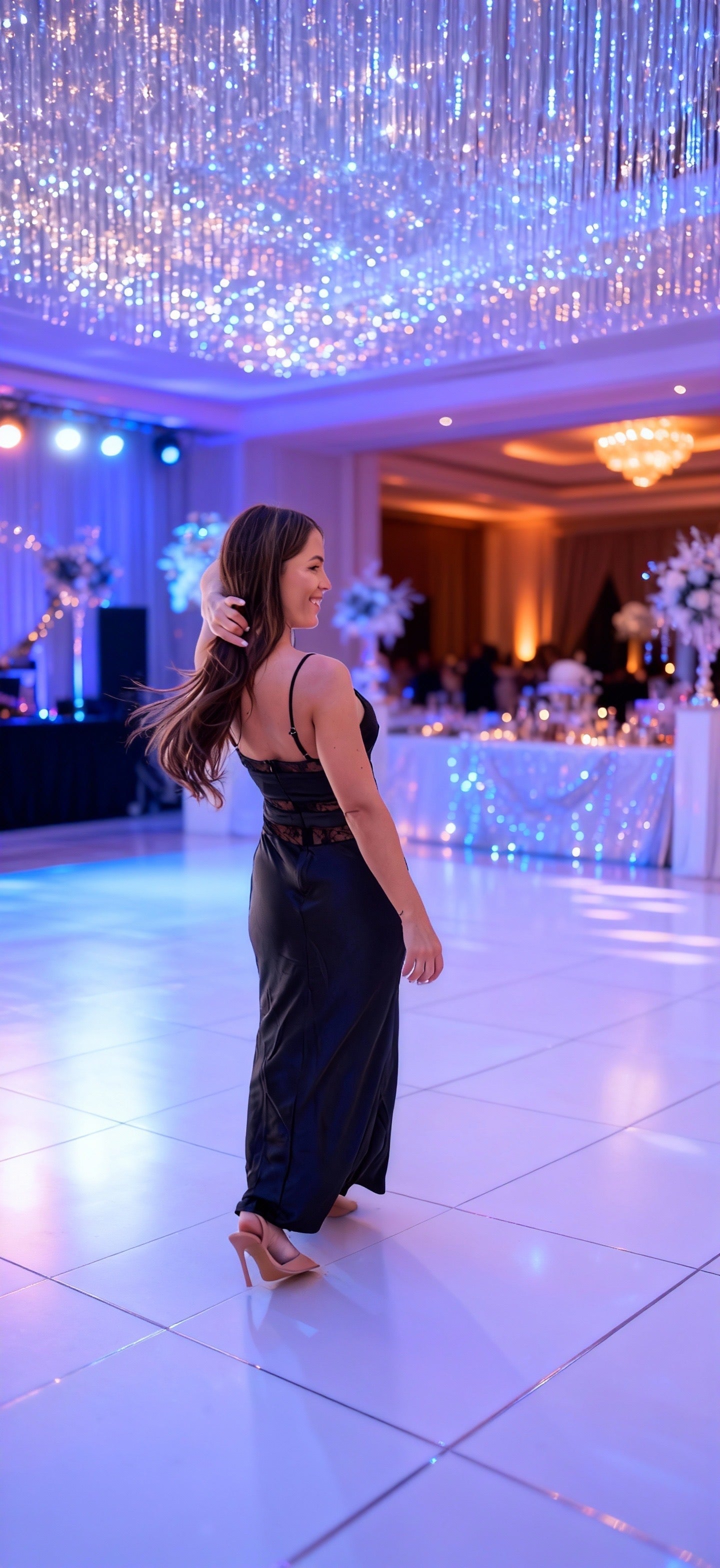 Satin slip dress with lace