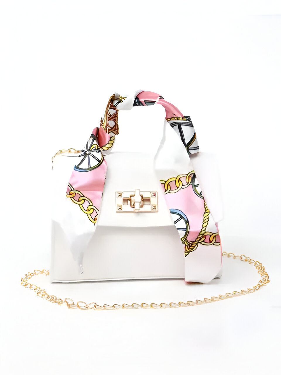 Borsa donna a mano con foulard decorativo e tracolla a catena