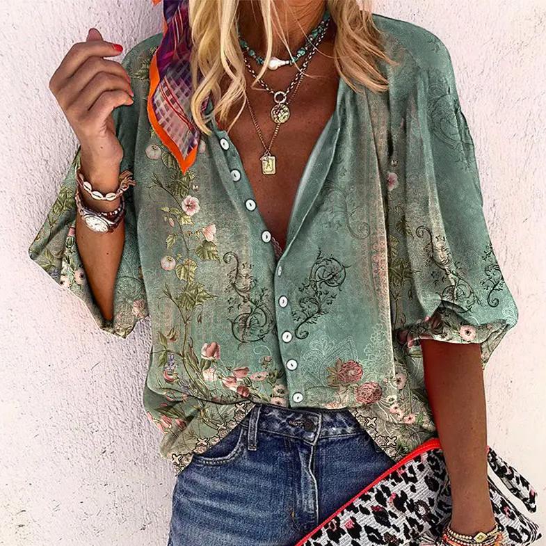 Women’s Printed Summer Blouse with Buttons and Three-Quarter Sleeves
