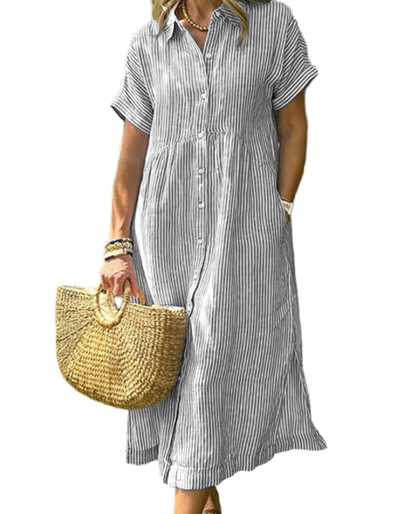Abito Lungo Casual a Righe con Colletto e Tasche