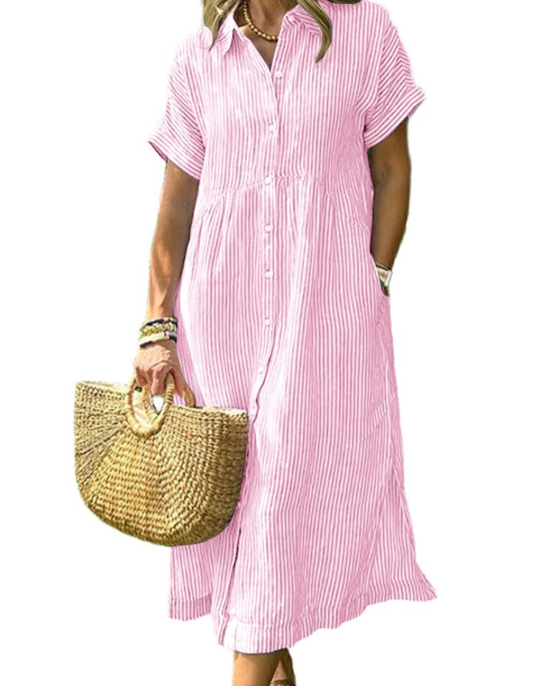 Abito Lungo Casual a Righe con Colletto e Tasche