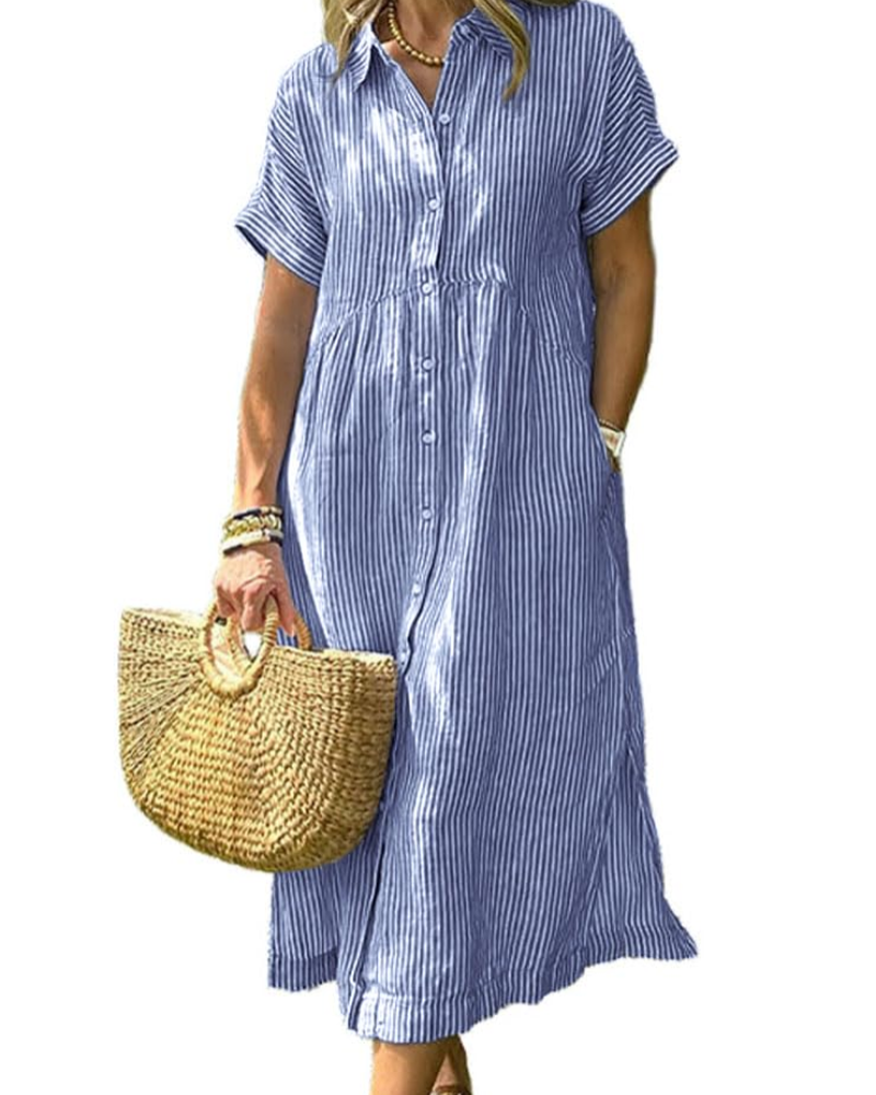 Abito Lungo Casual a Righe con Colletto e Tasche
