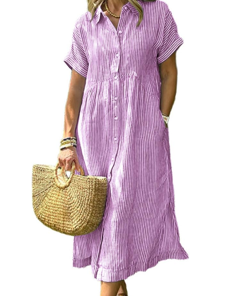 Abito Lungo Casual a Righe con Colletto e Tasche