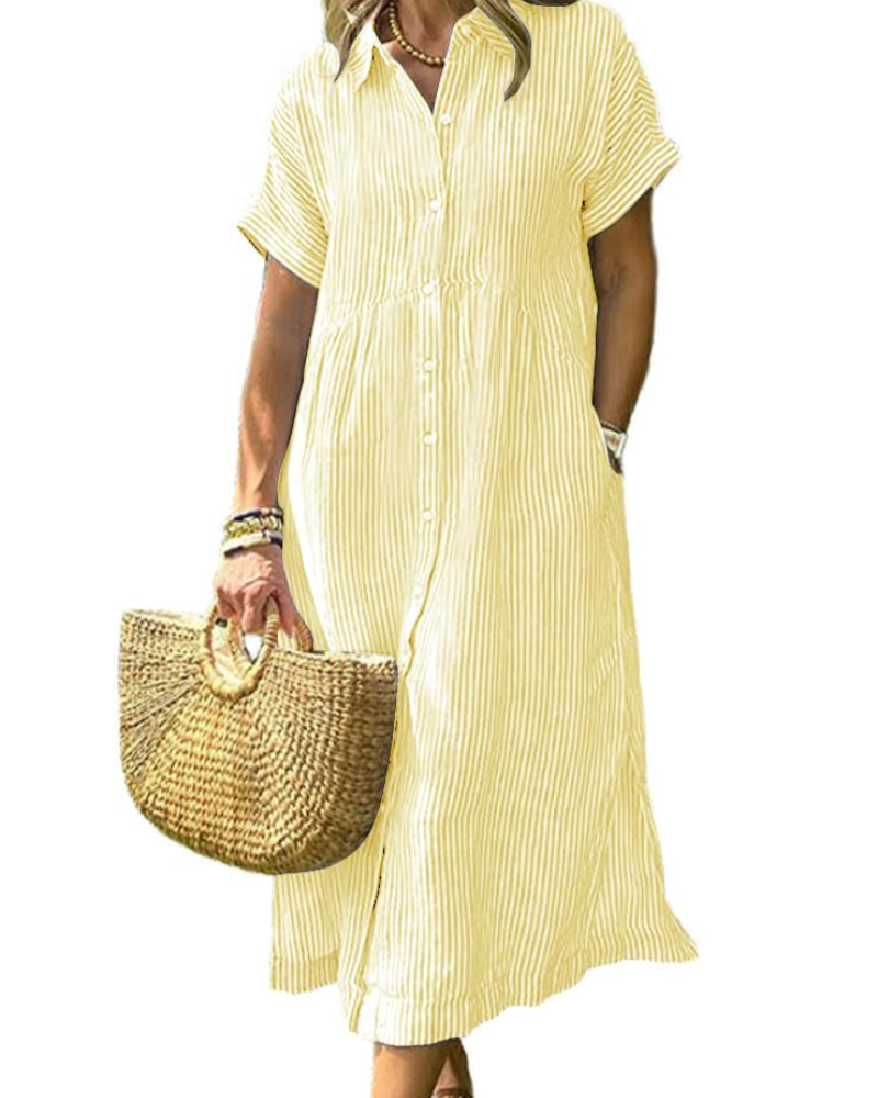 Abito Lungo Casual a Righe con Colletto e Tasche