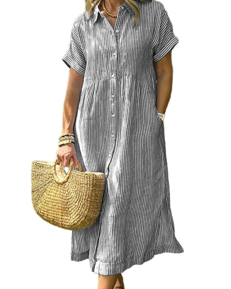 Abito Lungo Casual a Righe con Colletto e Tasche