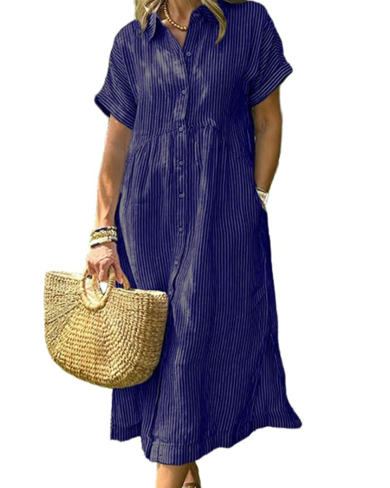 Abito Lungo Casual a Righe con Colletto e Tasche