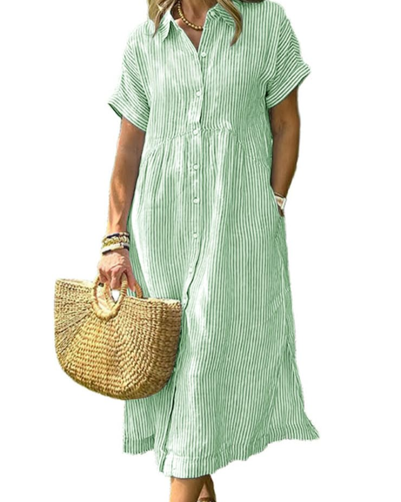 Abito Lungo Casual a Righe con Colletto e Tasche