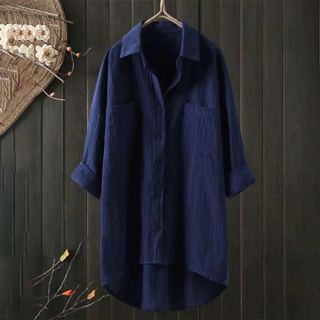 Long Women's Shirt with Front Pockets and Loose Fit