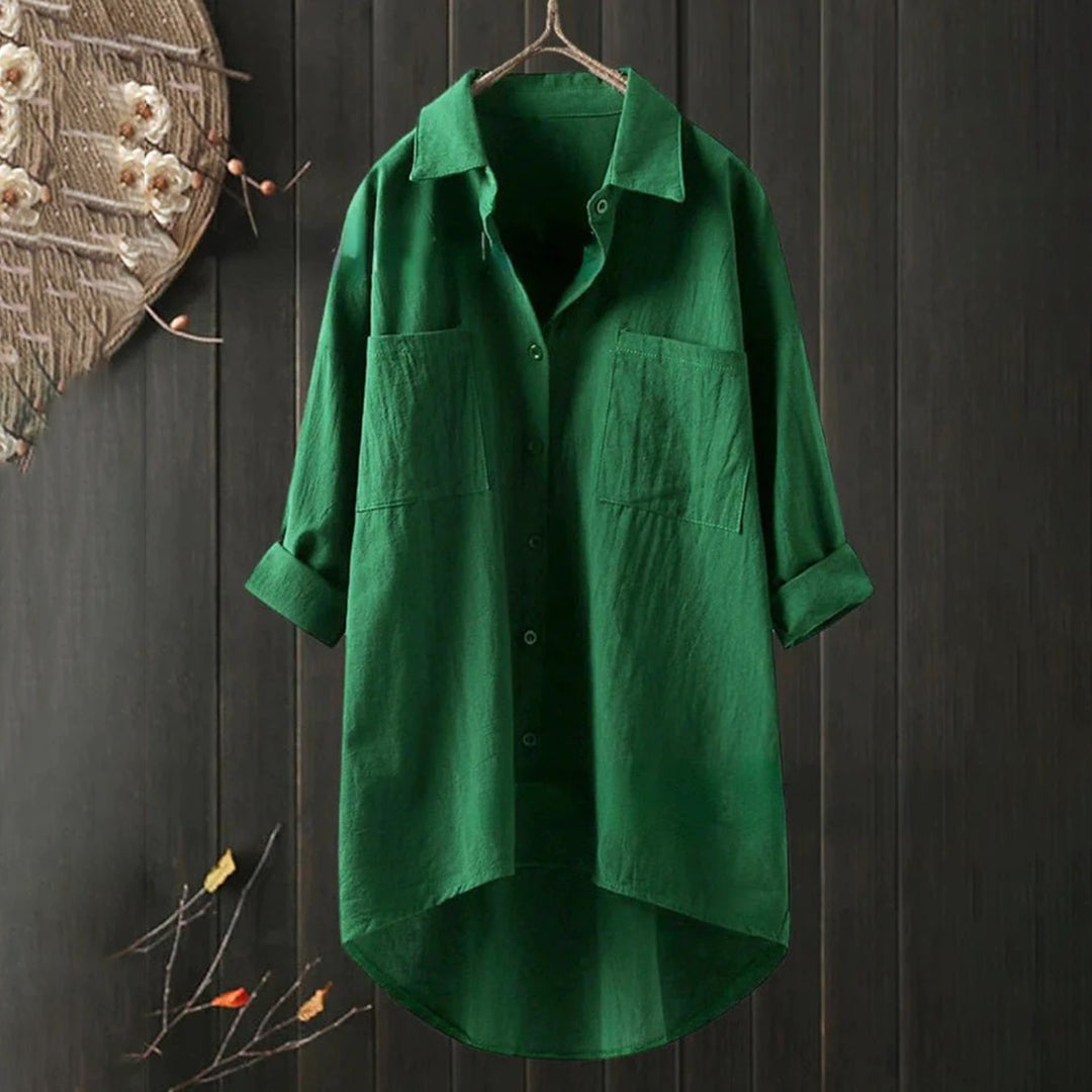 Long Women's Shirt with Front Pockets and Loose Fit