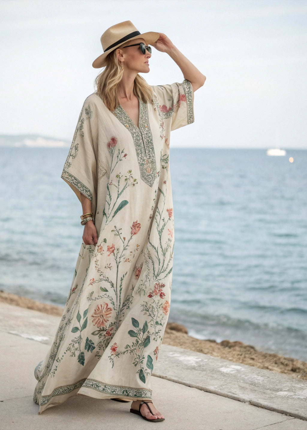 Dlouhé dámské květinové šaty s kimono rukávy a výstřihem do V