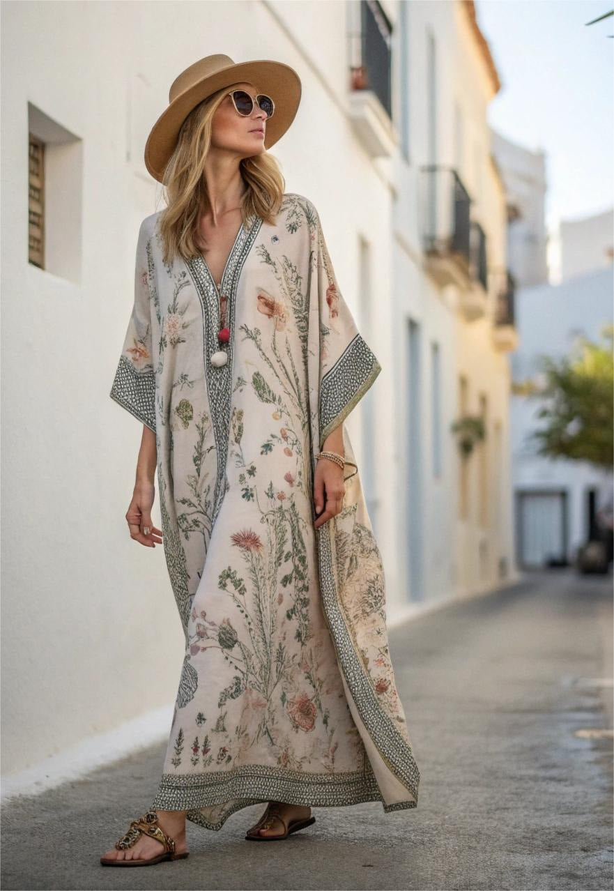 Dlouhé dámské květinové šaty s kimono rukávy a výstřihem do V