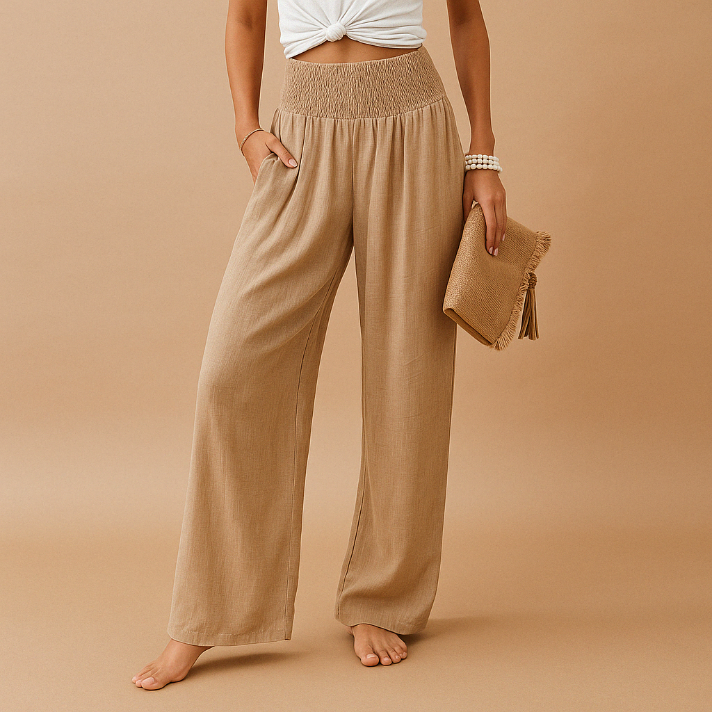 Pantaloni in lino eleganti a vita alta per donna – Pantaloni casual elastici