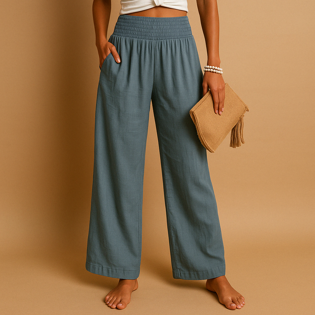 Pantaloni in lino eleganti a vita alta per donna – Pantaloni casual elastici