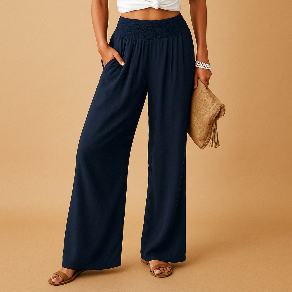 Pantaloni in lino eleganti a vita alta per donna – Pantaloni casual elastici