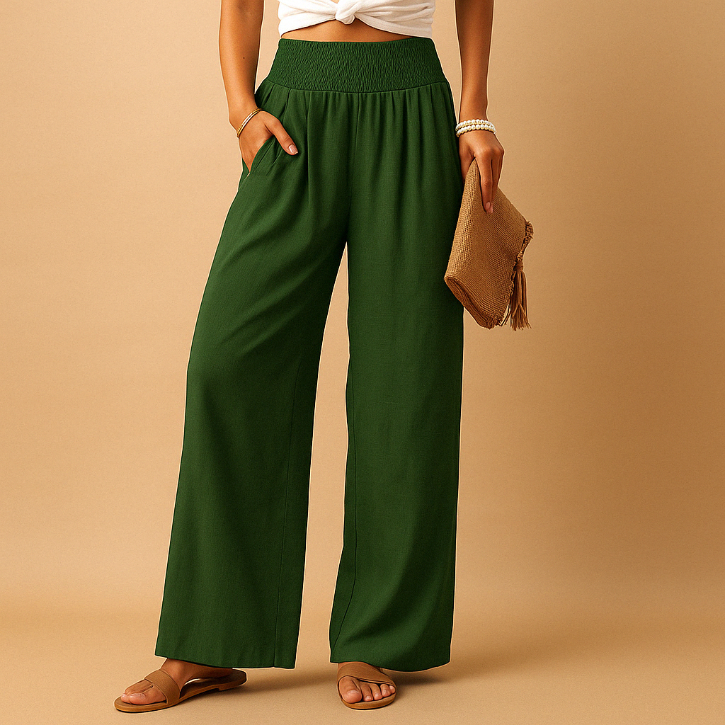 Pantaloni in lino eleganti a vita alta per donna – Pantaloni casual elastici