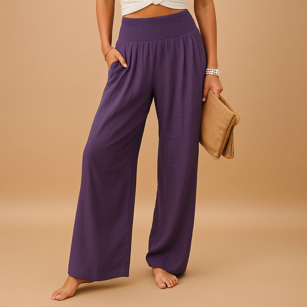 Pantaloni in lino eleganti a vita alta per donna – Pantaloni casual elastici