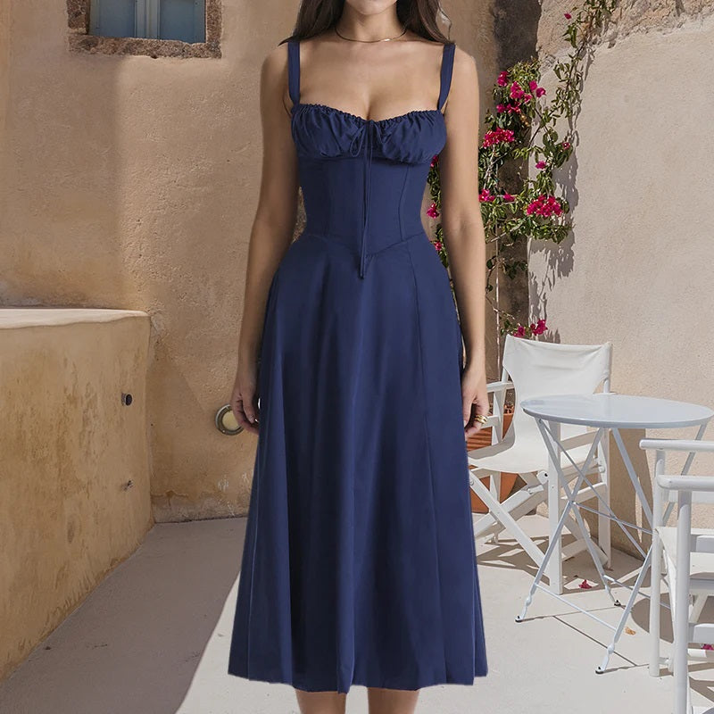 Abito Midi Donna con Spalline e Gonna Svasata