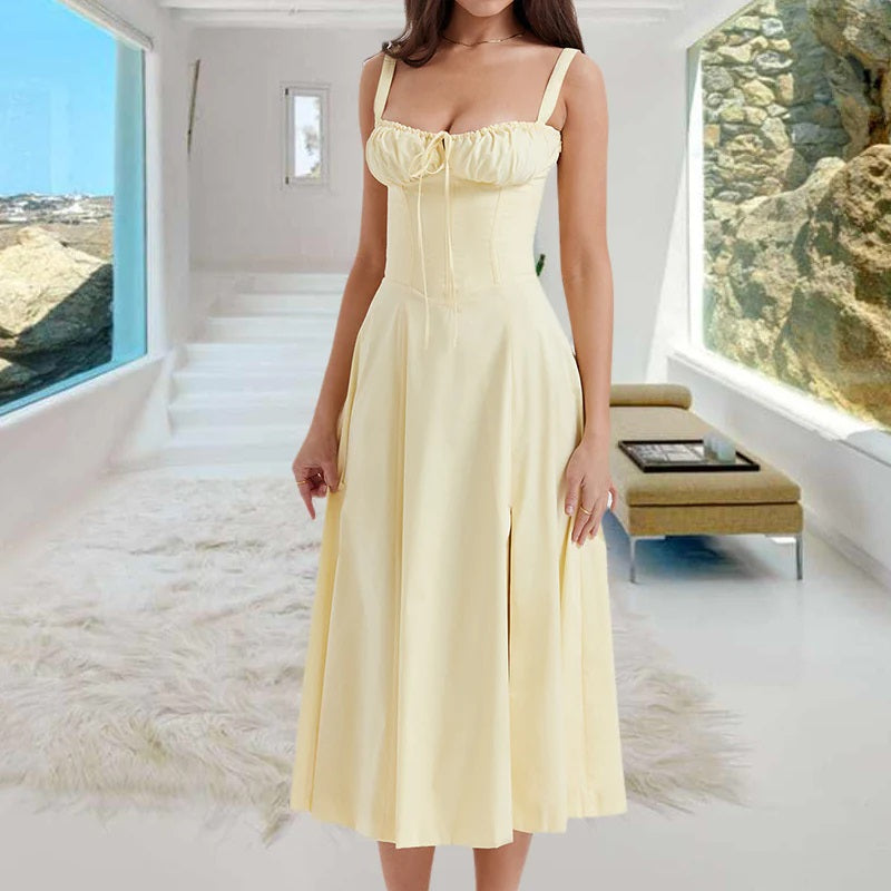 Abito Midi Donna con Spalline e Gonna Svasata