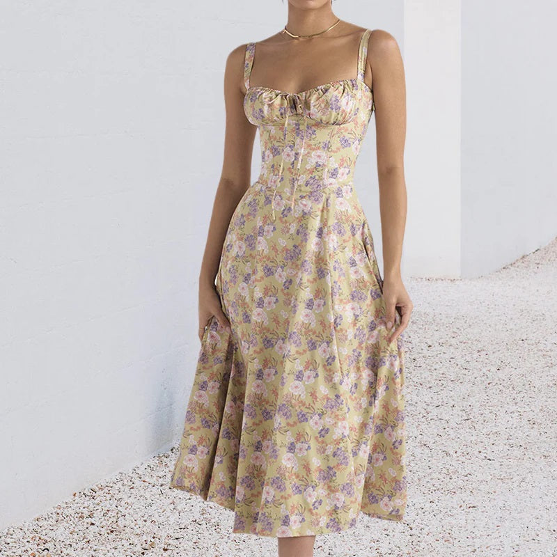 Abito Midi Donna con Spalline e Gonna Svasata