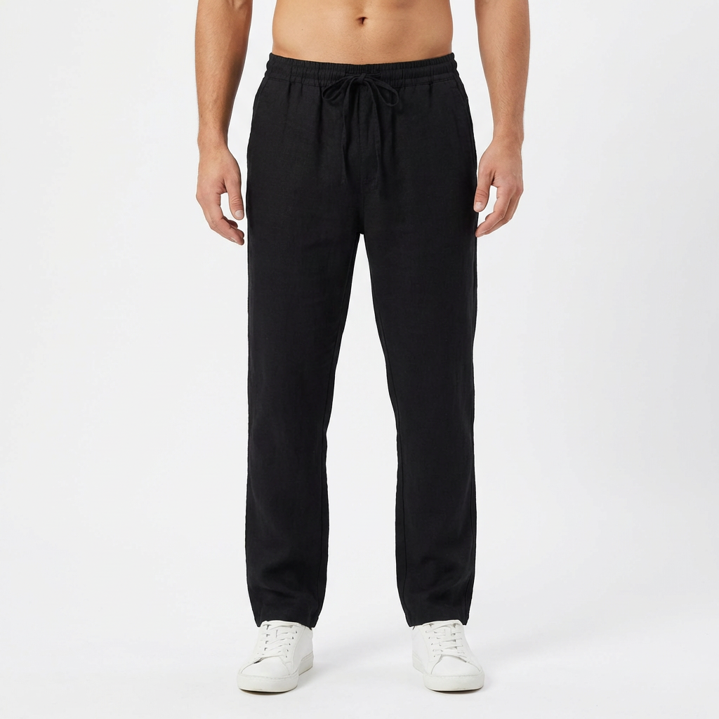 Pantaloni in lino da uomo con vita elastica e gamba dritta