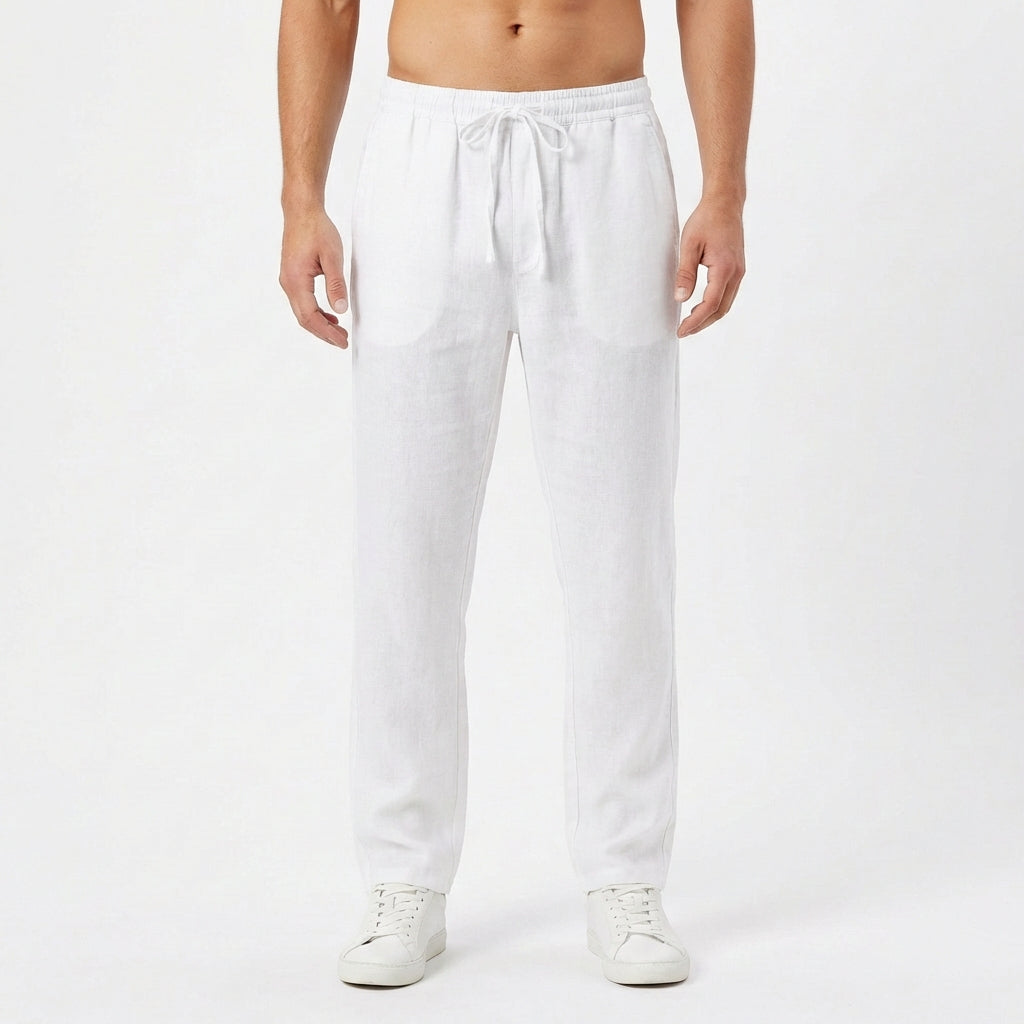 Pantaloni in lino da uomo con vita elastica e gamba dritta