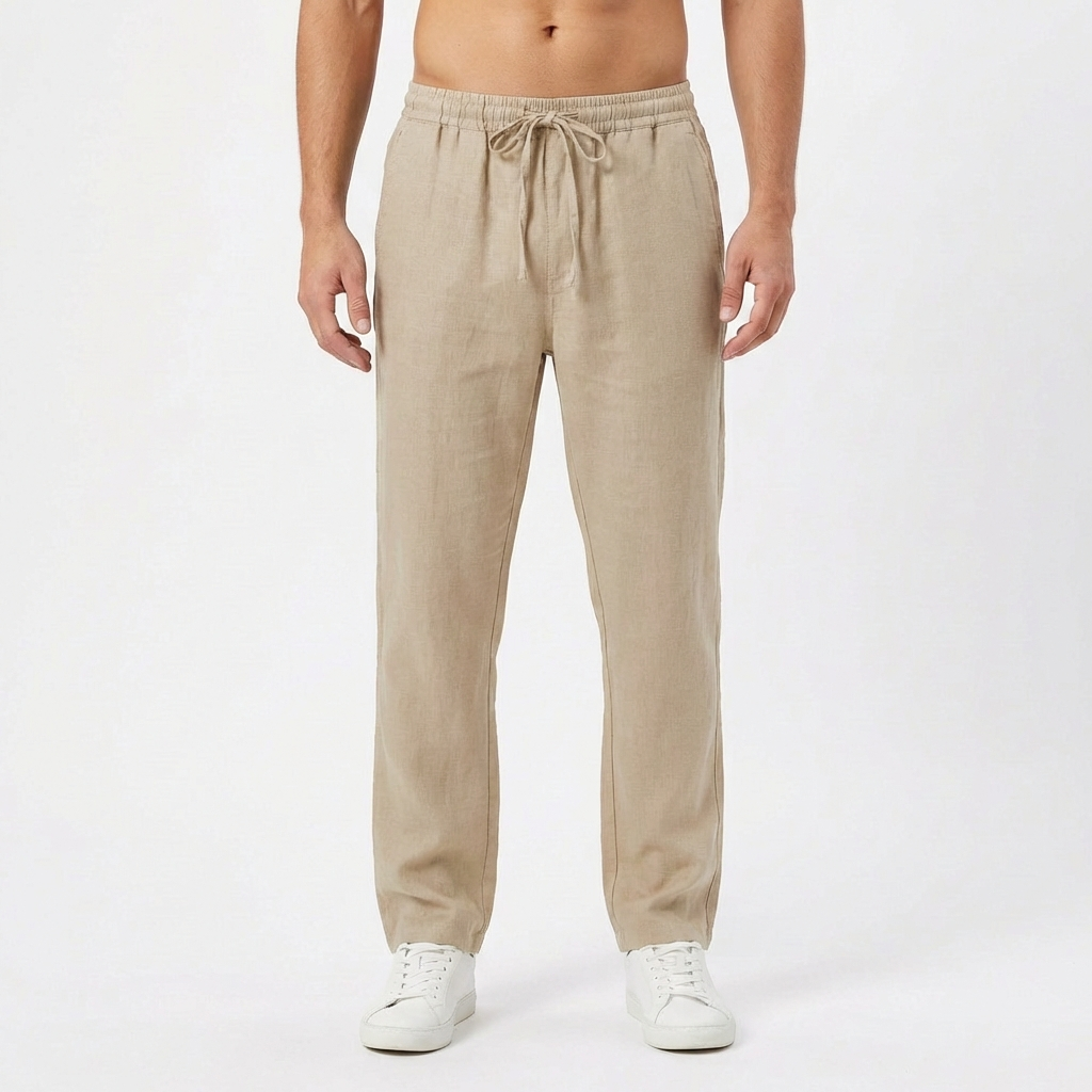 Pantaloni in lino da uomo con vita elastica e gamba dritta