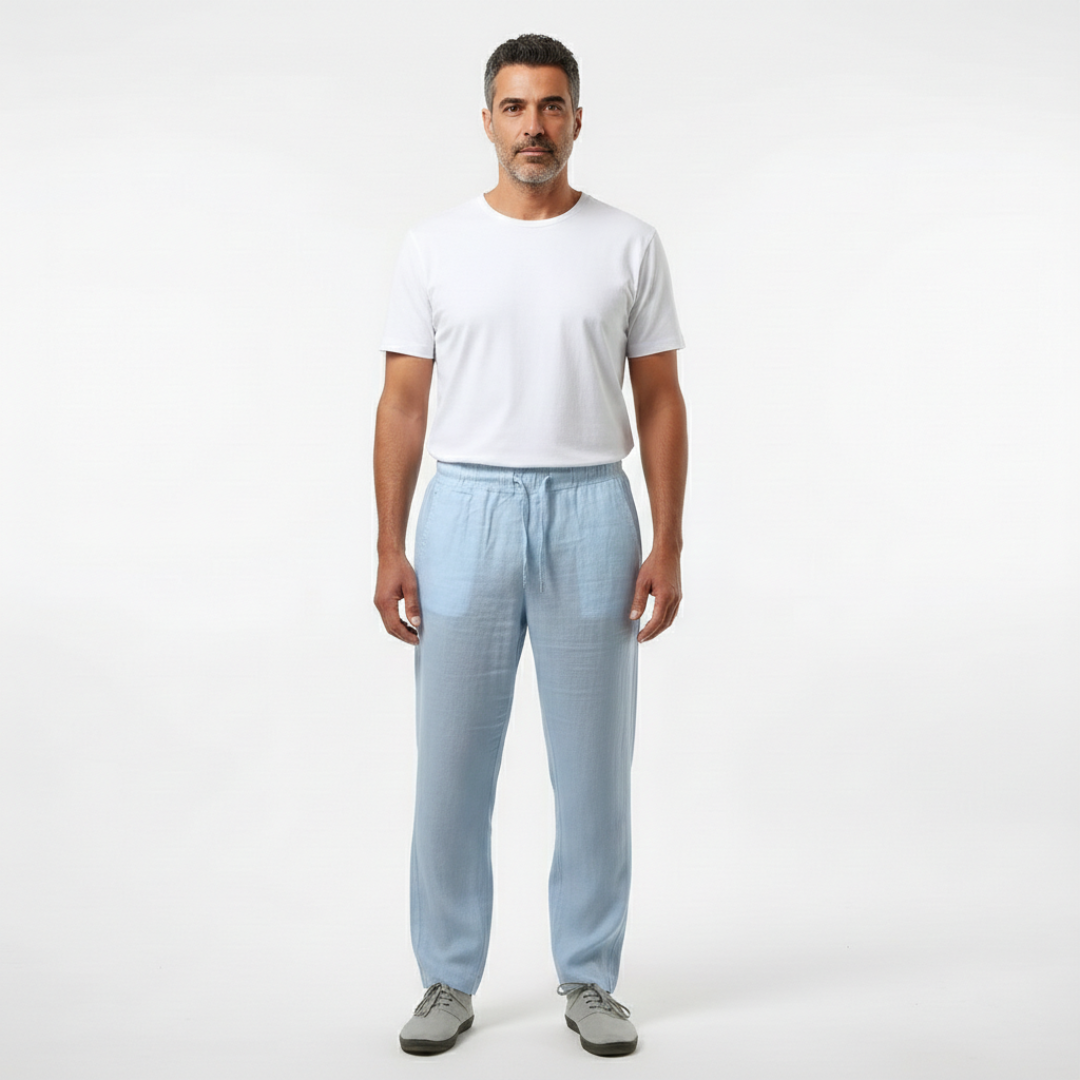 Pantaloni in lino da uomo con vita elastica e gamba dritta