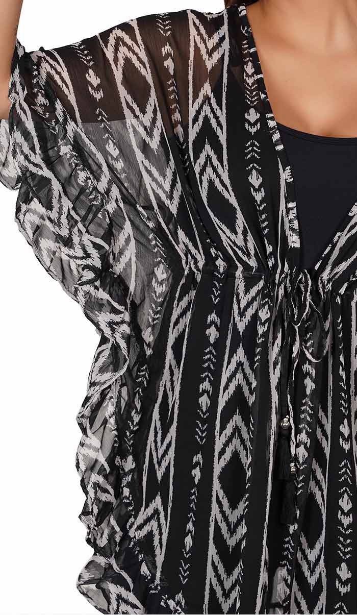 Black Abstract Print Beach Cover-Up Kaftan