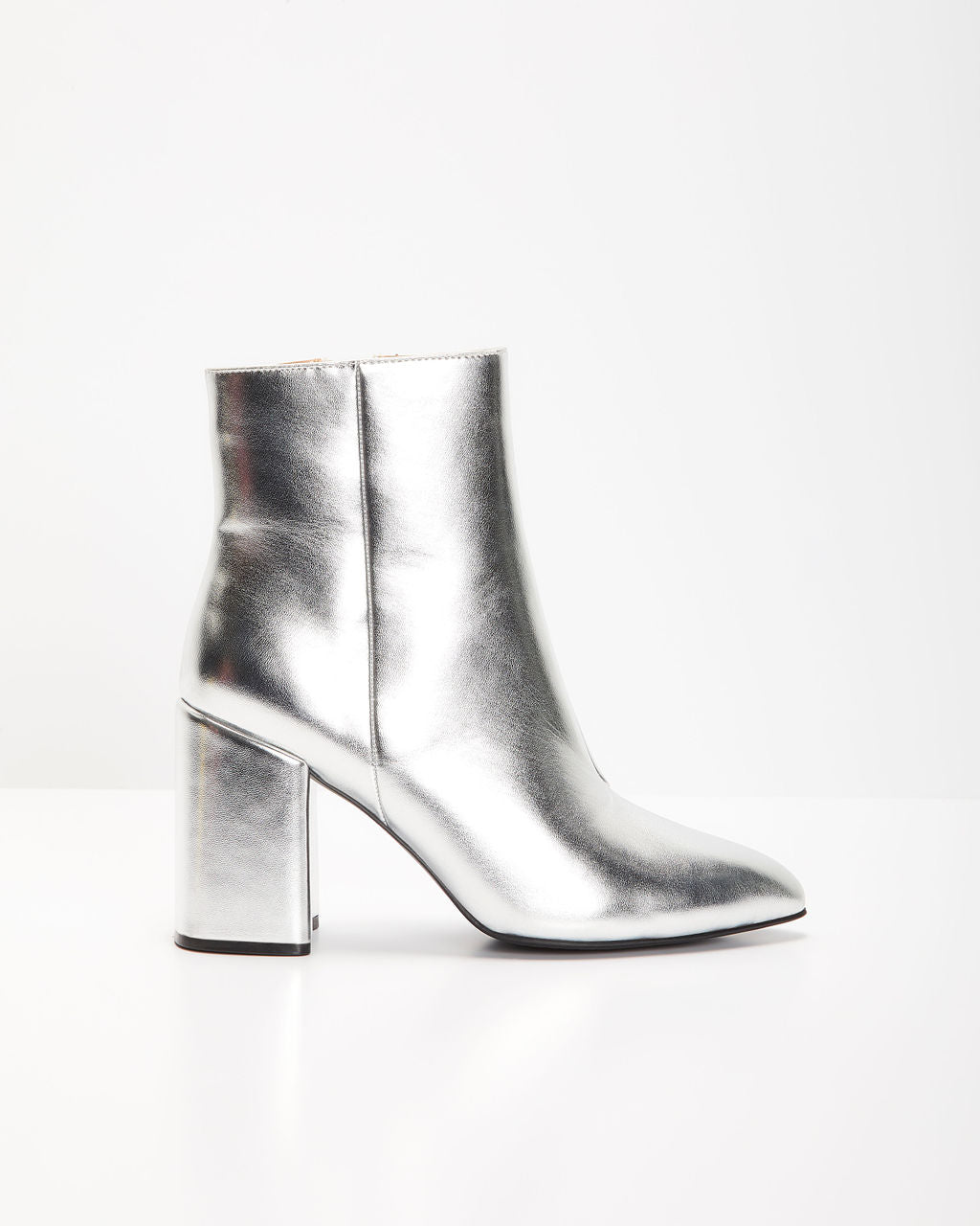 Women's Metallic Silver Ankle Boots | Wide Heel Ankle Boots with Zipper
