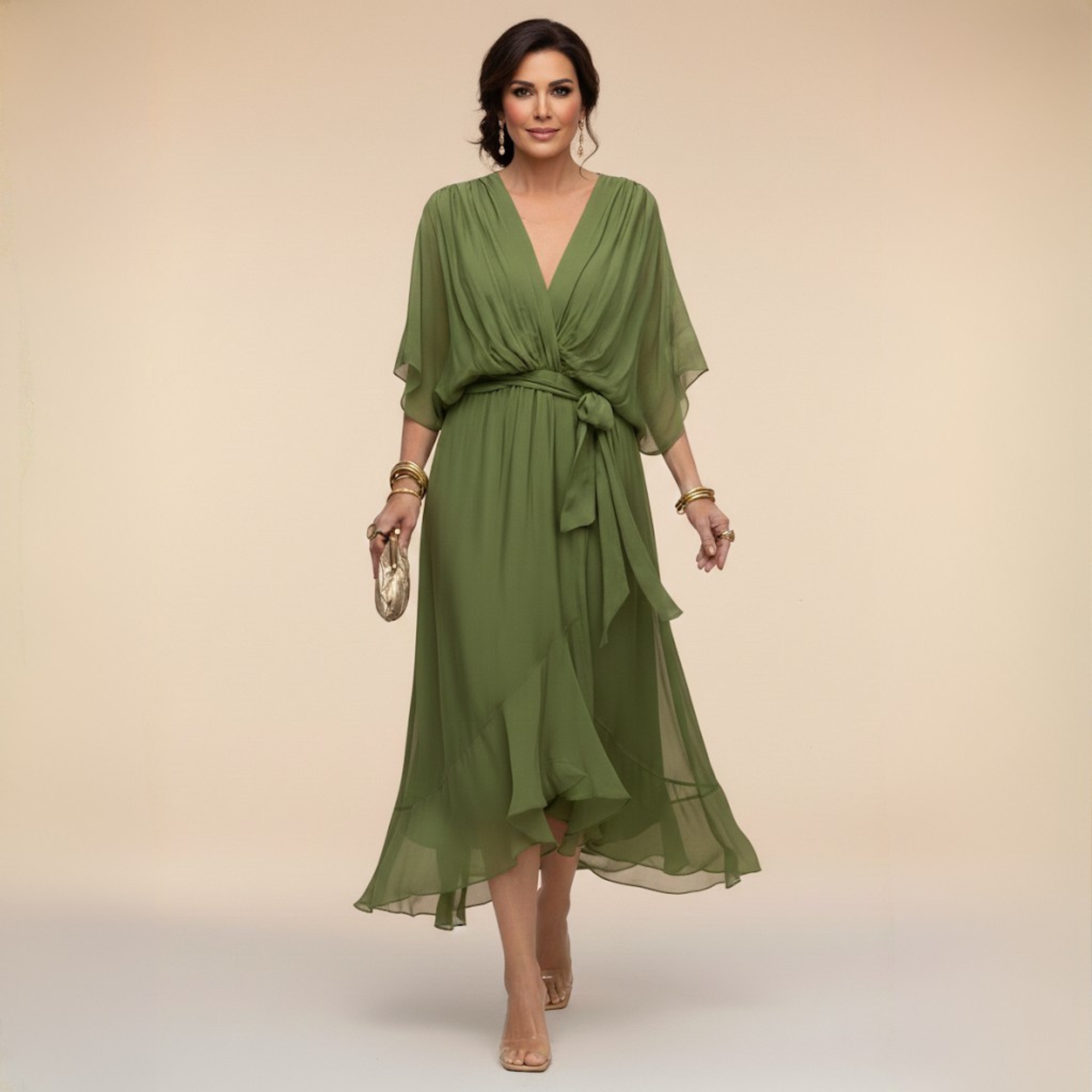 Abito Lungo Elegante Donna con Scollo a V e Maniche a Pipistrello – Vestito Midi Chiffon Fluido con Cintura, Perfetto per Cerimonie e Occasioni Speciali