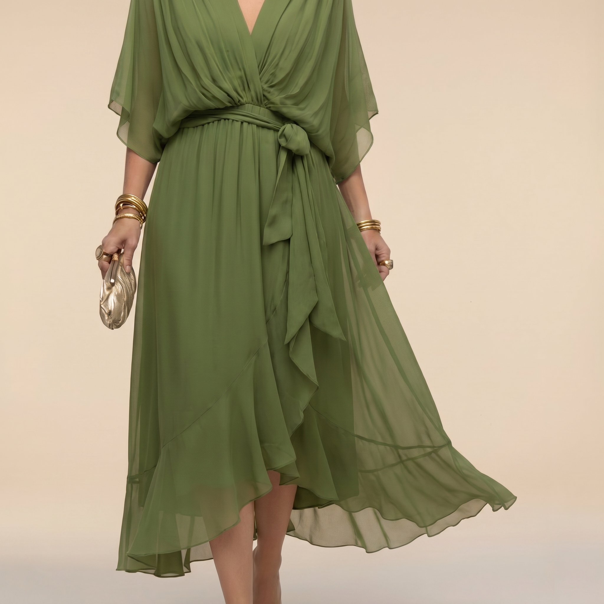 Abito Lungo Elegante Donna con Scollo a V e Maniche a Pipistrello – Vestito Midi Chiffon Fluido con Cintura, Perfetto per Cerimonie e Occasioni Speciali
