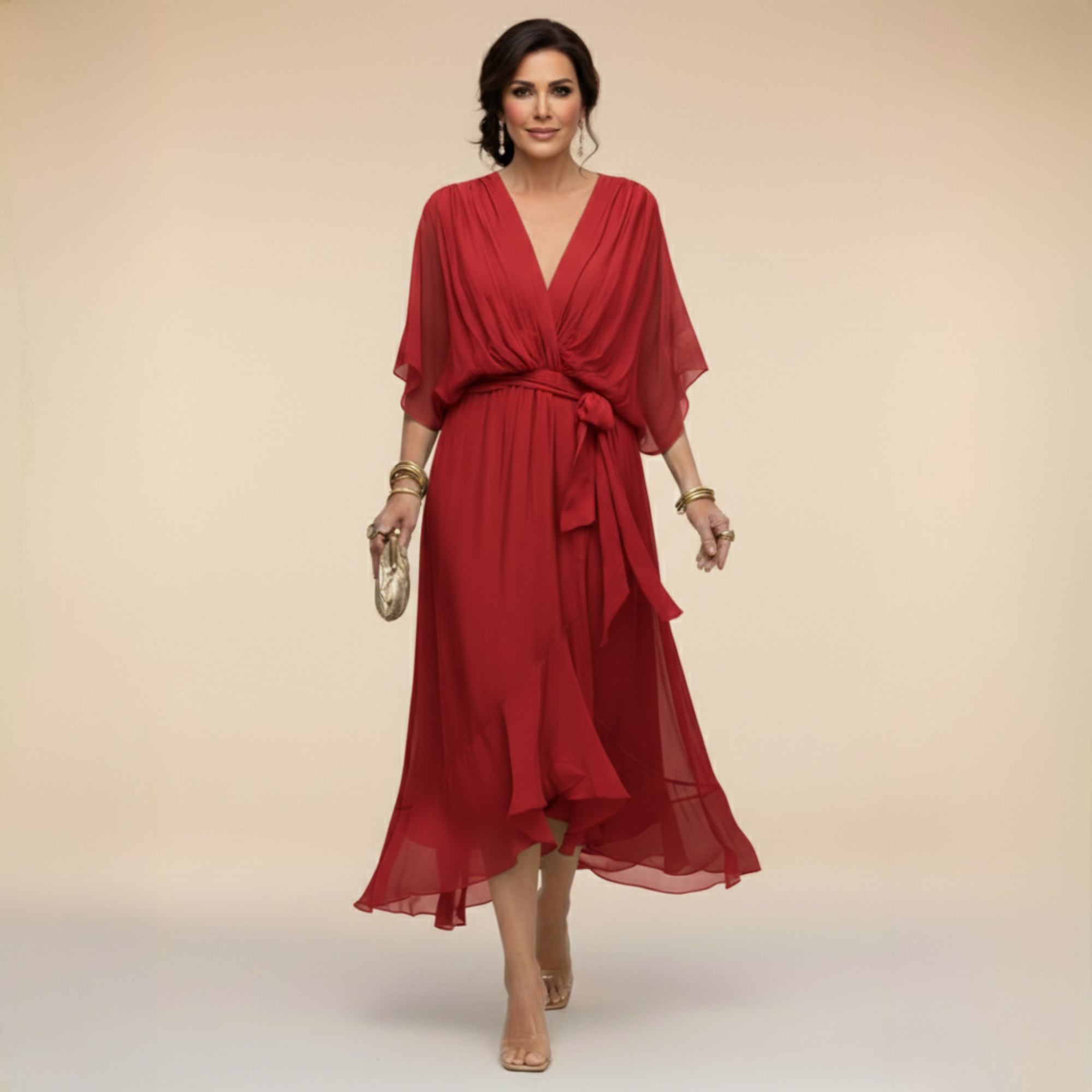 Abito Lungo Elegante Donna con Scollo a V e Maniche a Pipistrello – Vestito Midi Chiffon Fluido con Cintura, Perfetto per Cerimonie e Occasioni Speciali