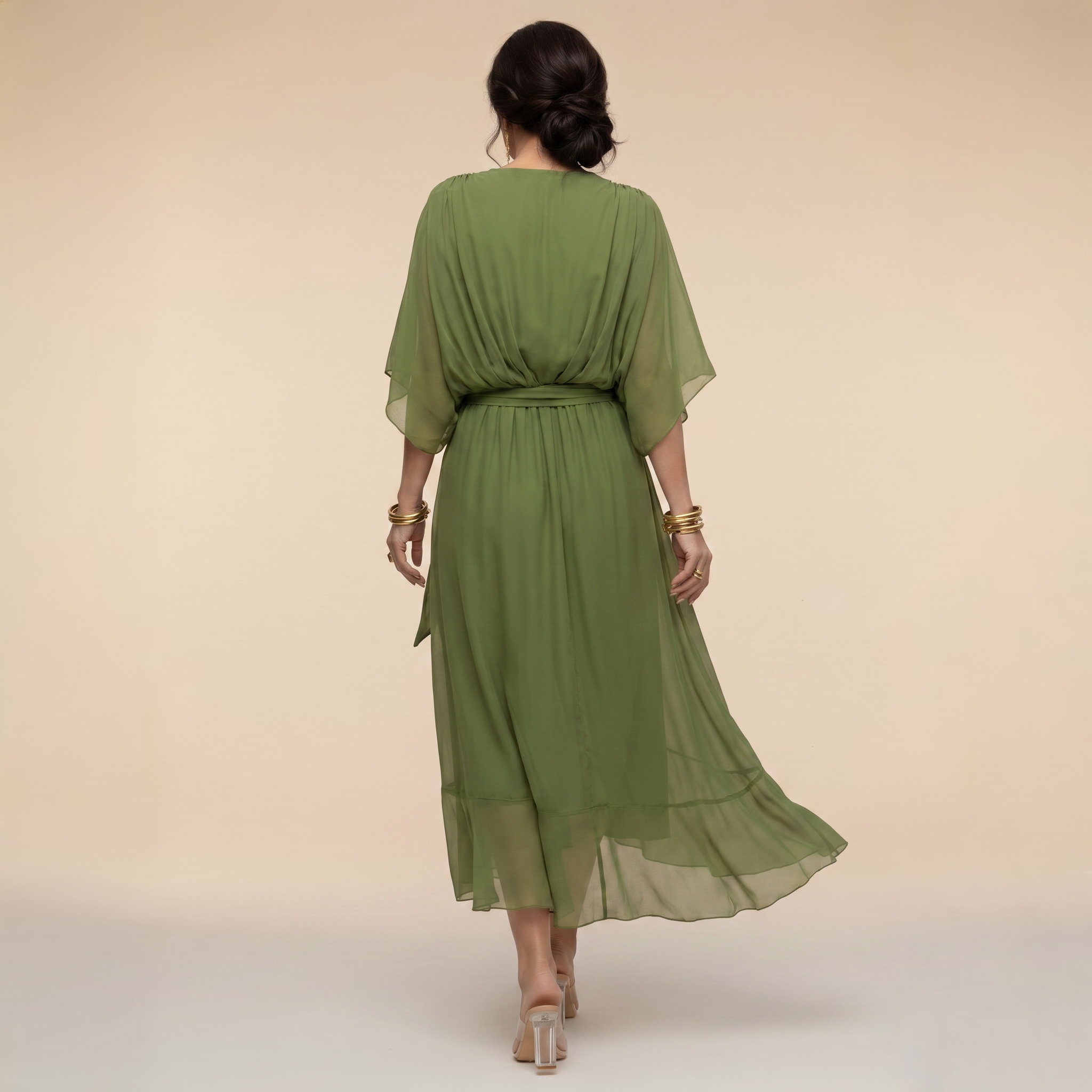 Abito Lungo Elegante Donna con Scollo a V e Maniche a Pipistrello – Vestito Midi Chiffon Fluido con Cintura, Perfetto per Cerimonie e Occasioni Speciali