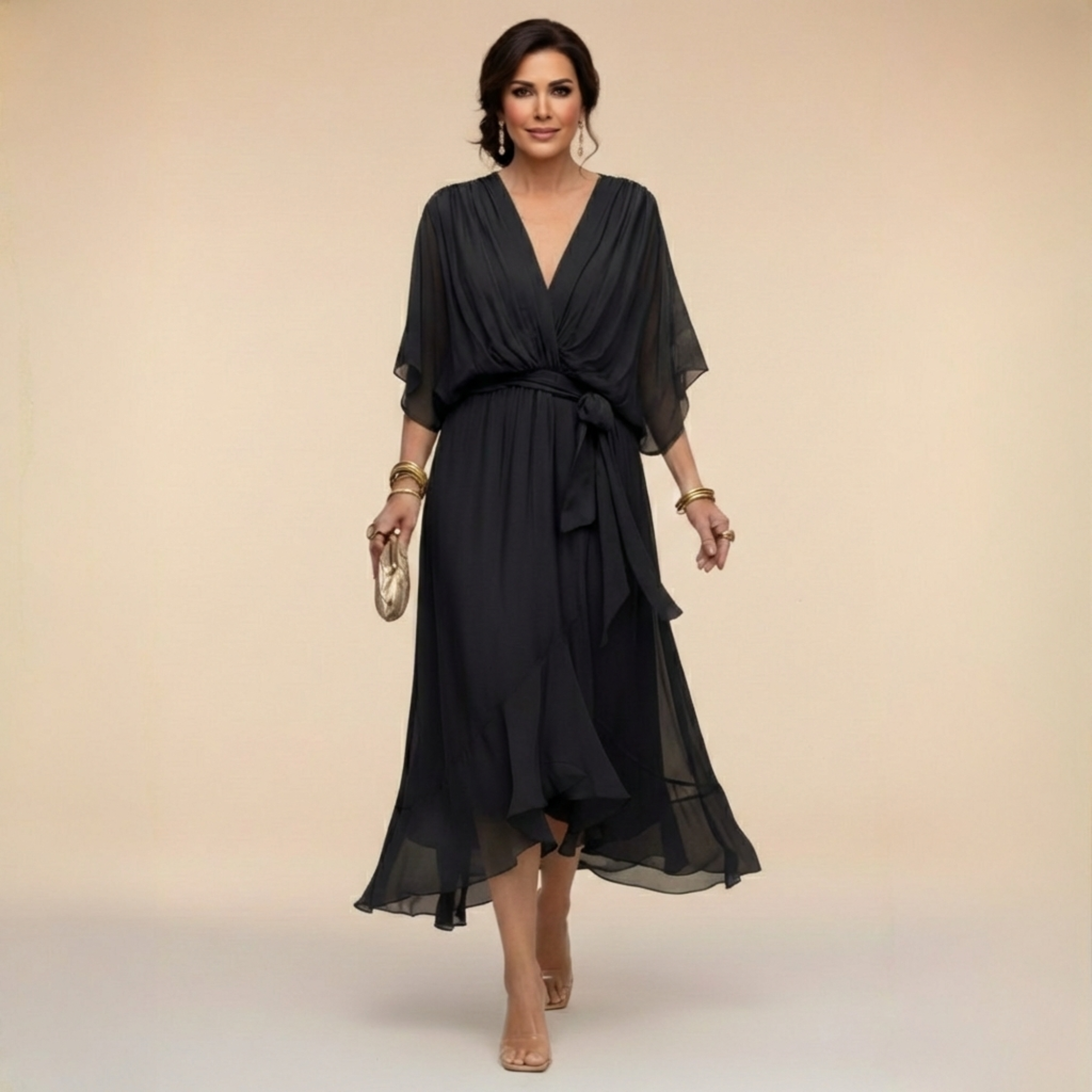 Abito Lungo Elegante Donna con Scollo a V e Maniche a Pipistrello – Vestito Midi Chiffon Fluido con Cintura, Perfetto per Cerimonie e Occasioni Speciali