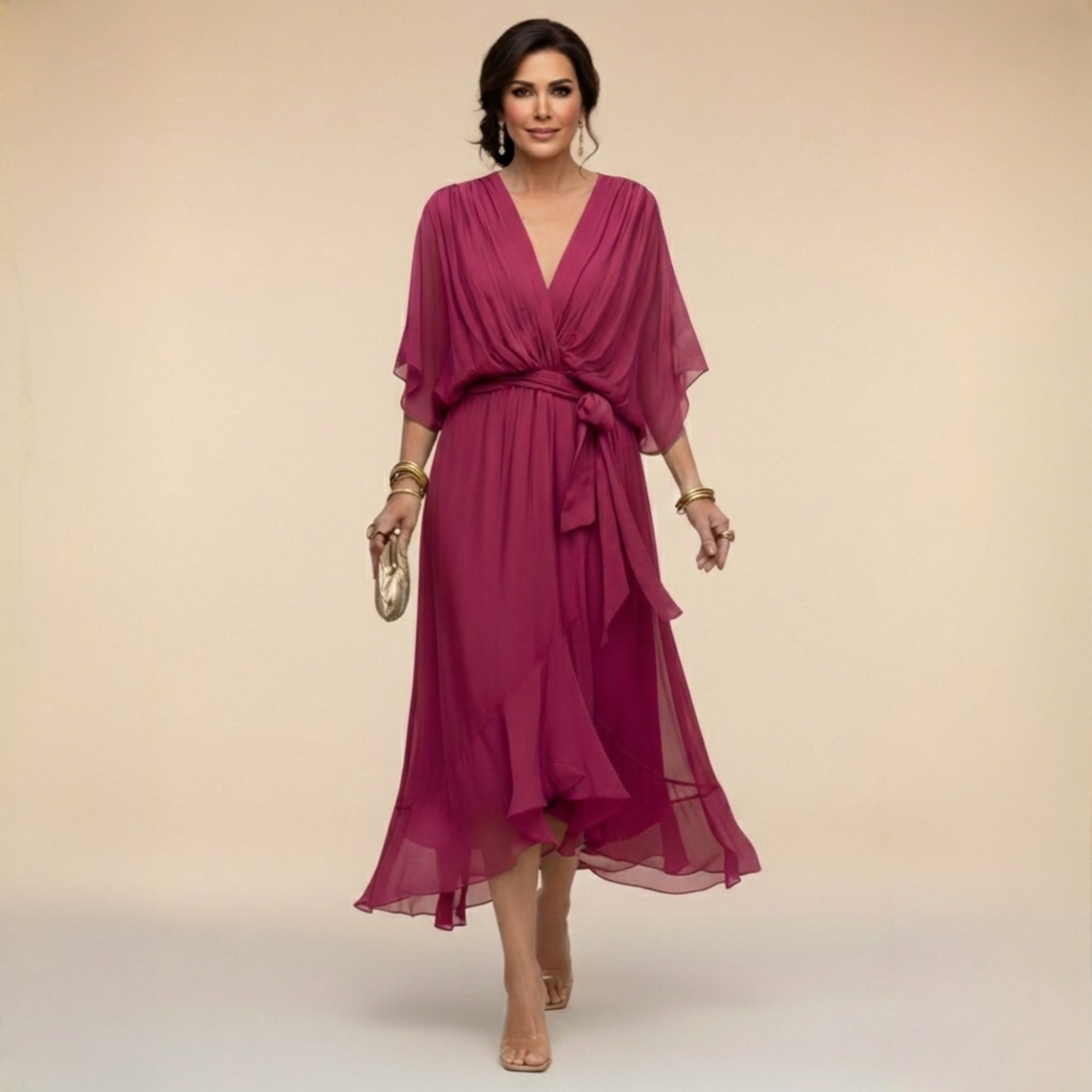 Abito Lungo Elegante Donna con Scollo a V e Maniche a Pipistrello – Vestito Midi Chiffon Fluido con Cintura, Perfetto per Cerimonie e Occasioni Speciali