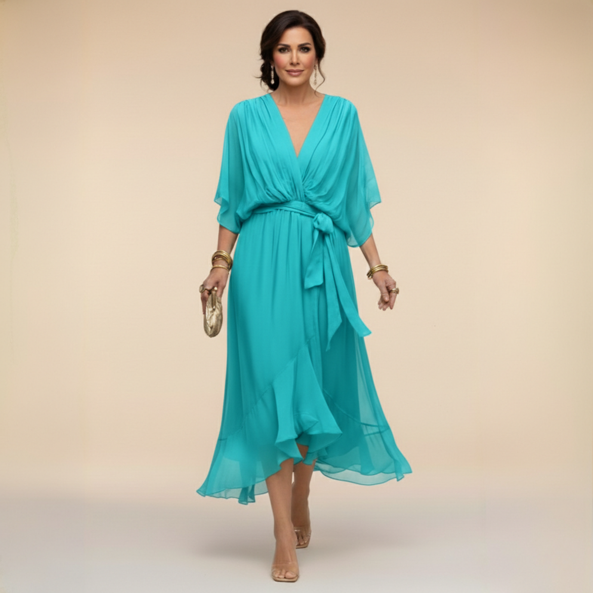Robe longue élégante pour femme à col en V et manches chauve-souris – robe midi fluide en mousseline avec ceinture, parfaite pour les cérémonies et les occasions spéciales