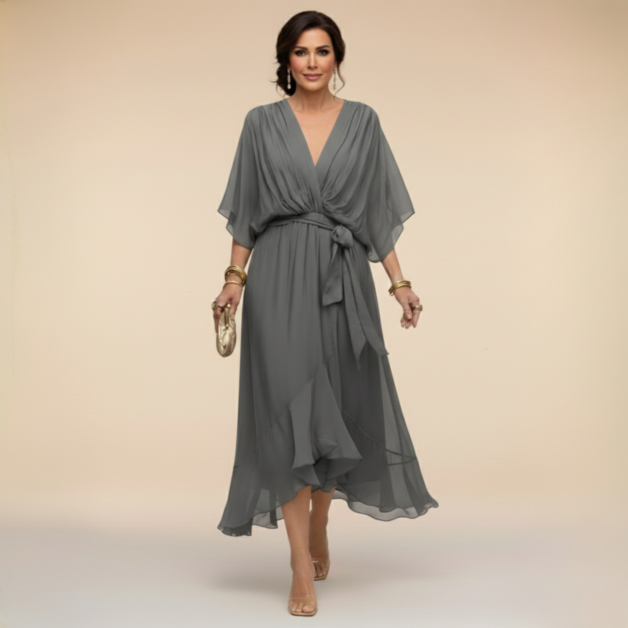 Abito Lungo Elegante Donna con Scollo a V e Maniche a Pipistrello – Vestito Midi Chiffon Fluido con Cintura, Perfetto per Cerimonie e Occasioni Speciali