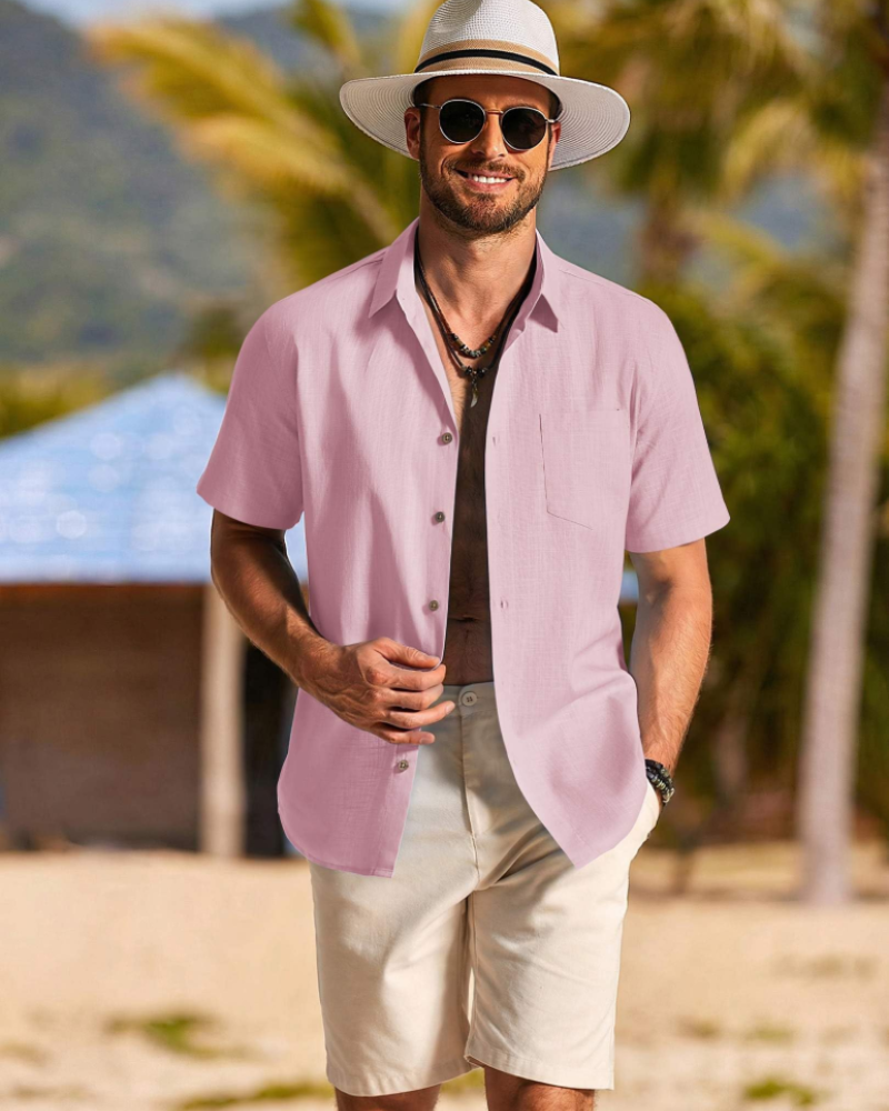 Camicia da Uomo in Lino con Maniche Corte e Colletto Classico