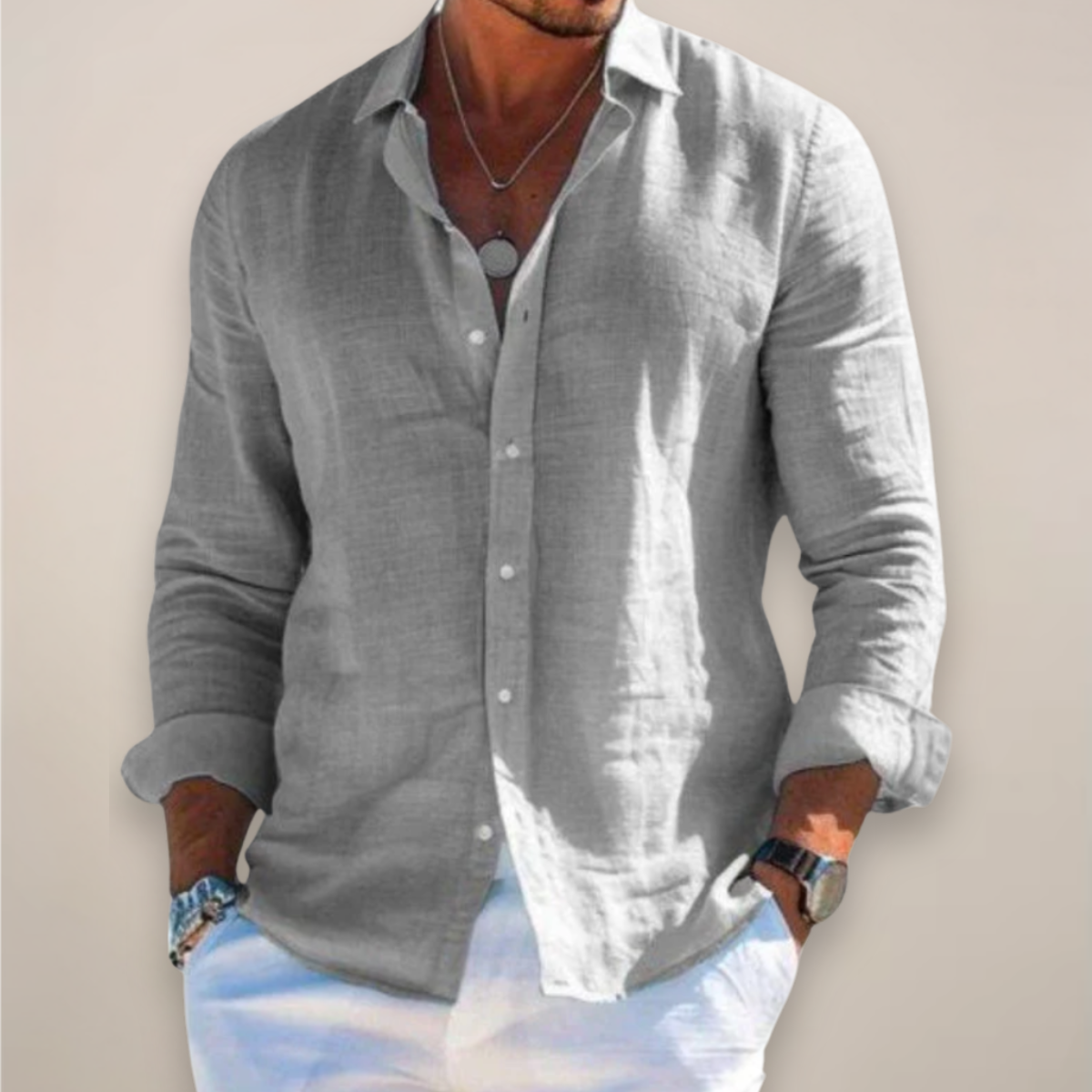 Camicia da Uomo in Lino a Maniche Lunghe con Vestibilità Regolare