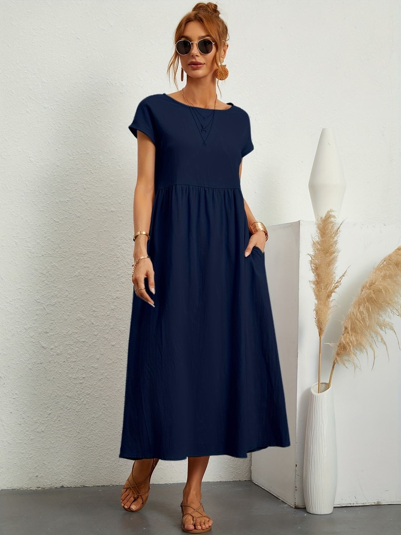 Abito Lungo Donna Casual con Tasche e Maniche Corte