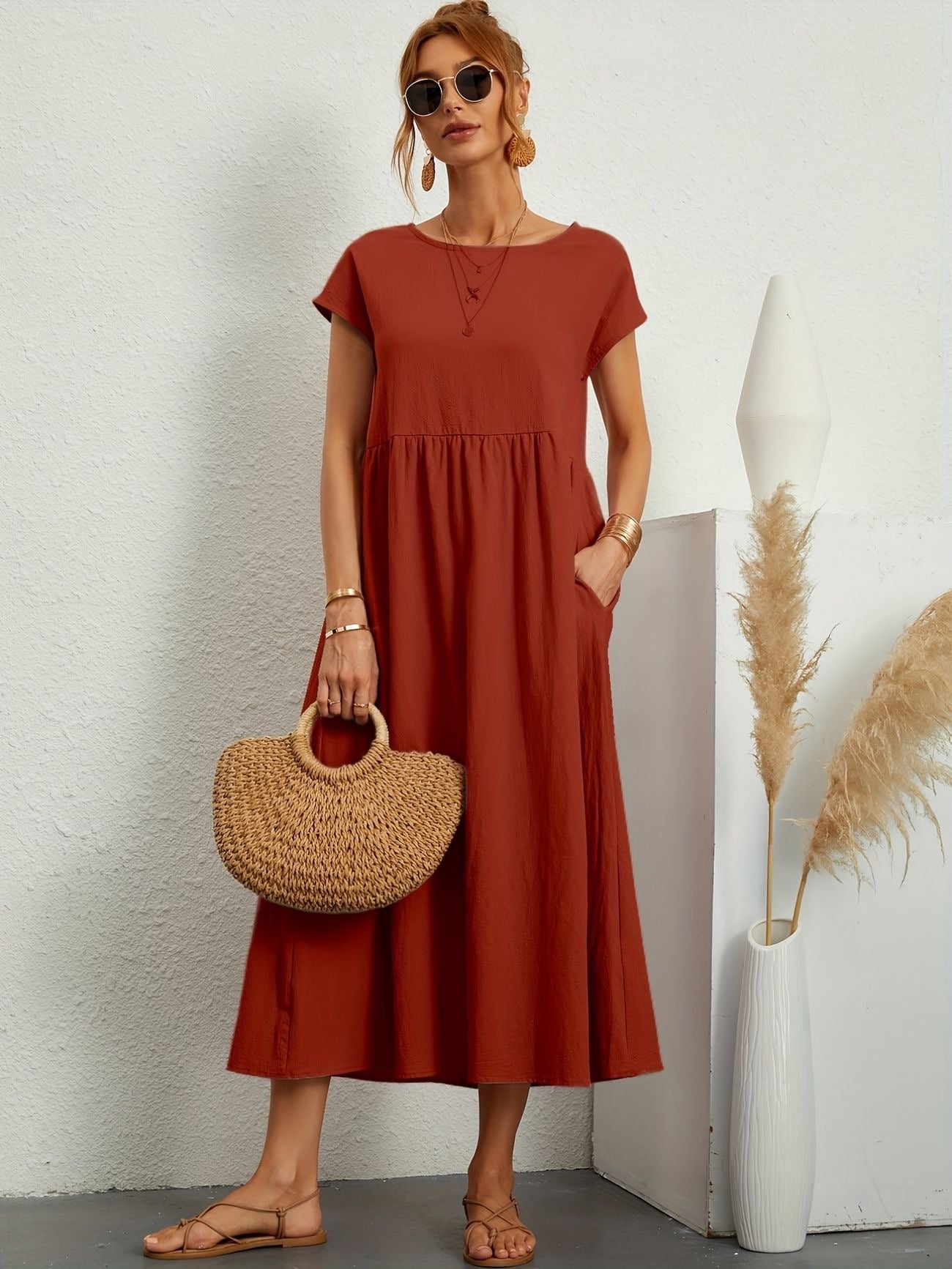 Abito Lungo Donna Casual con Tasche e Maniche Corte