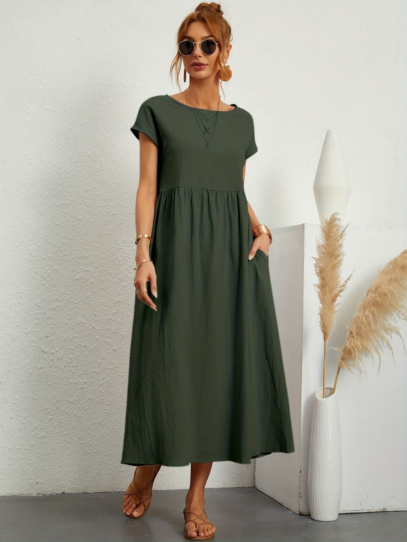Abito Lungo Donna Casual con Tasche e Maniche Corte
