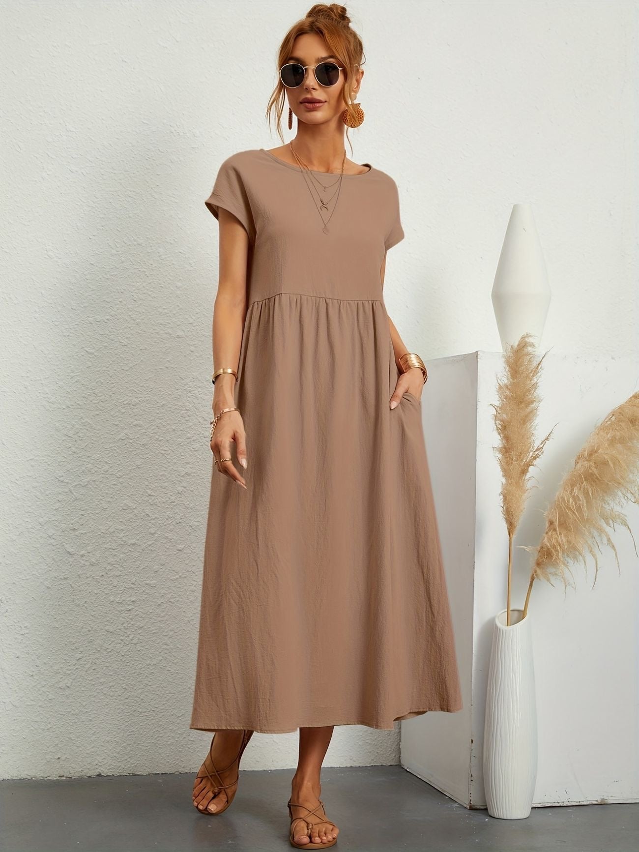 Abito Lungo Donna Casual con Tasche e Maniche Corte