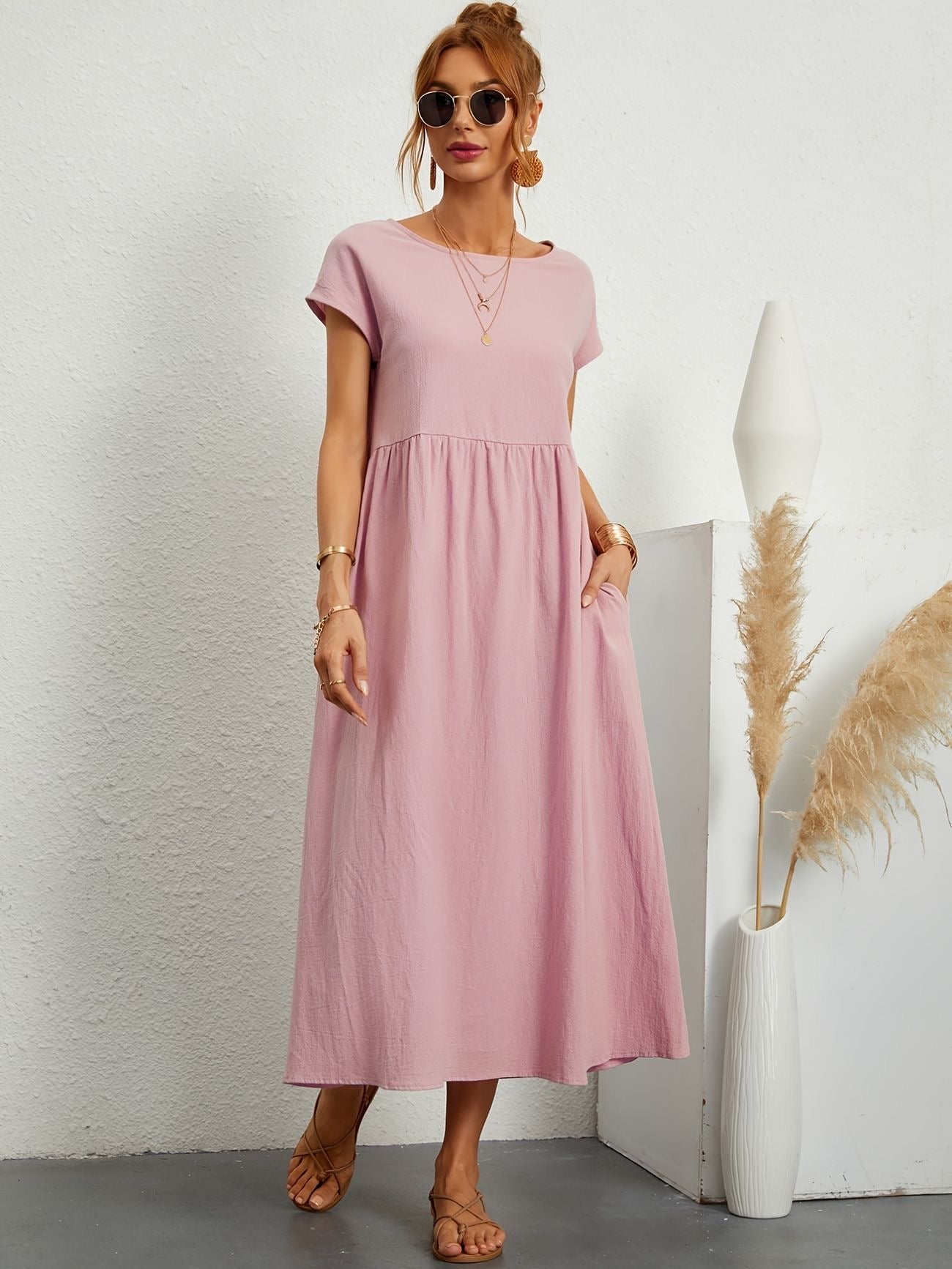Abito Lungo Donna Casual con Tasche e Maniche Corte