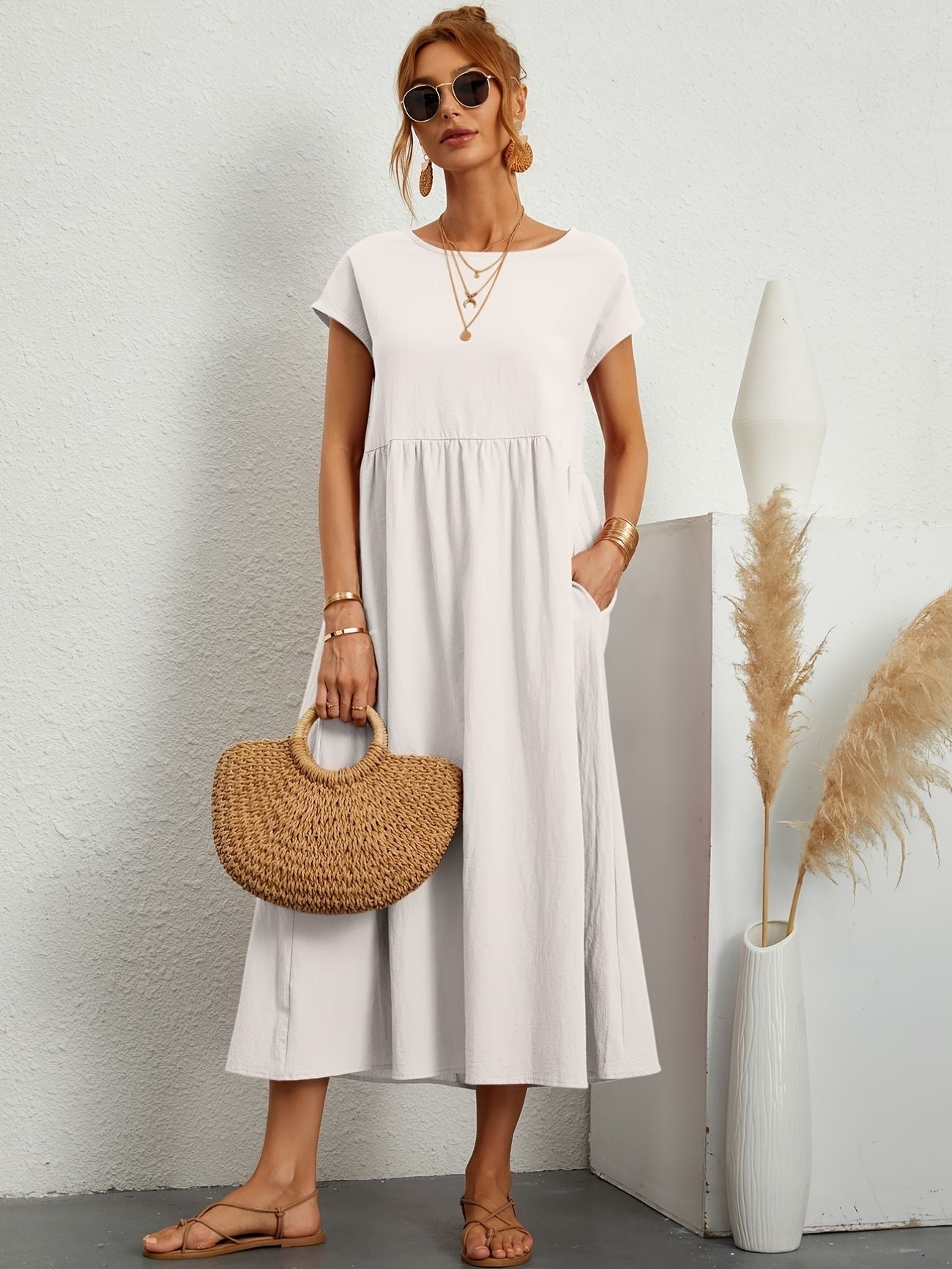 Abito Lungo Donna Casual con Tasche e Maniche Corte