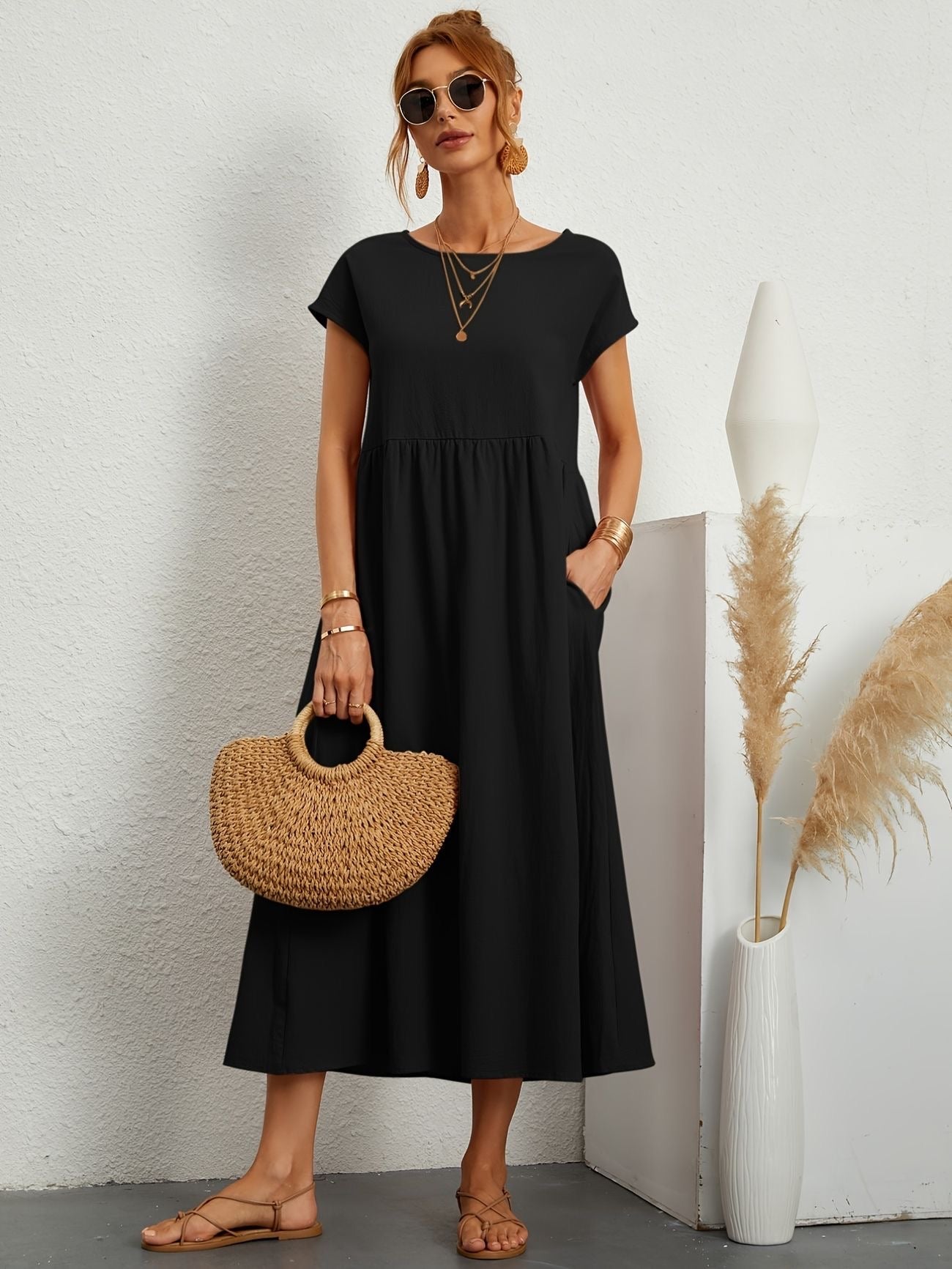 Abito Lungo Donna Casual con Tasche e Maniche Corte