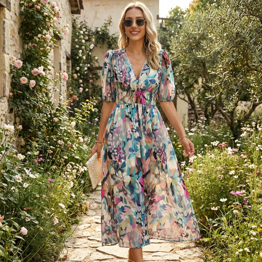 Abito Midi Stampato da Donna con Scollo a V, Maniche a 3/4 e Vita Arricciata