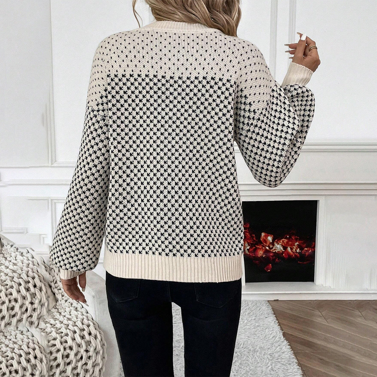 Maglione Invernale da Donna con Motivo Pied-de-Poule | Pullover Caldo Morbido e Confortevole